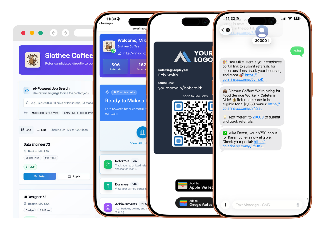 ERIN Refer employee portal on desktop and mobile with SMS text-to-refer, QR wallet pass, and automated campaigns