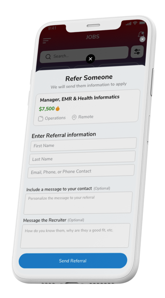 Mobile device showcasing an employee referral in progress